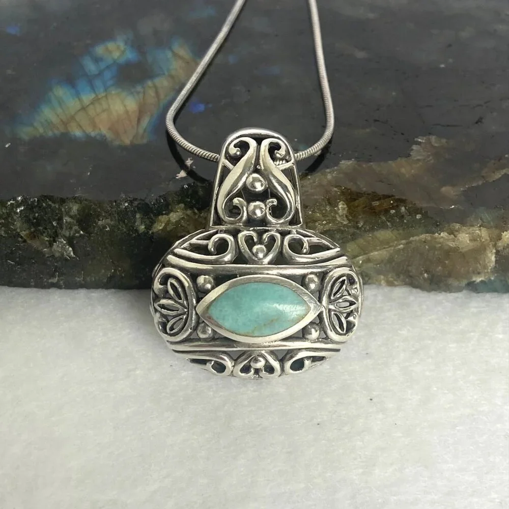 Sterling Silver 925 Chunky Bali Style Scrollwork Turquoise Pendant Necklace 18